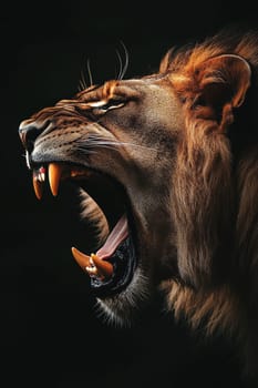 This striking lion lets out a fierce roar, demonstrating its regal strength and commanding presence against a dark backdrop.