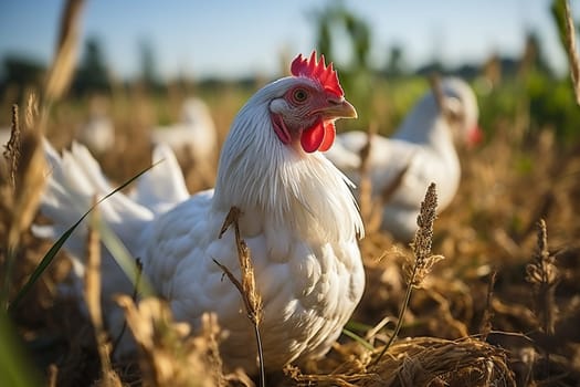 Chickens in a farm field created with a generative AI technology