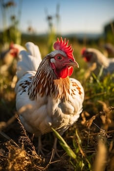 Chickens in a farm field created with a generative AI technology