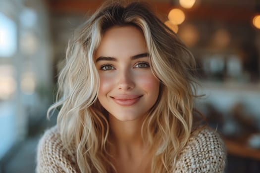Cheerful blonde woman beams with happiness as she snaps a playful selfie, surrounded by the warmth of a soft-lit interior