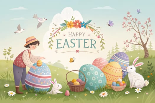 A child joyfully decorates vibrant eggs in a scenic meadow while rabbits and birds surround the festive atmosphere of Easter. Generative AI.