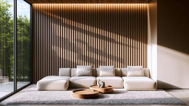 A spacious living room showcases a white sectional sofa and wooden furniture. Large windows allow sunlight to filter in, creating a warm atmosphere - Generative AI
