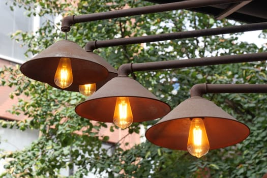 Warm lights hang from a rustic fixture by green trees in the background.
