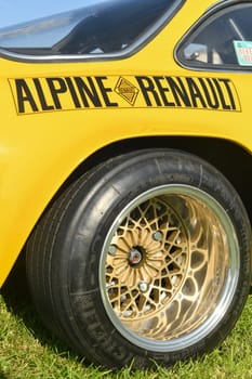 DIEPPE, FRANCE - MAY 19, 2023: Retro Alpine cars modele 110 Berlinette V85 on the exposition Vintage and classic Cars.