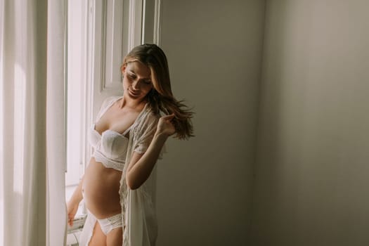 Pretty young pregnant woman standing by the window
