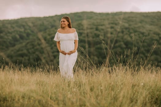 Young pregnant woman relaxing outside in nature at summer day