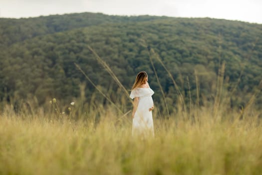 Young pregnant woman relaxing outside in nature at summer day