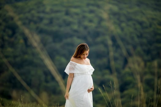 Young pregnant woman relaxing outside in nature at summer day