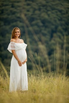 Young pregnant woman relaxing outside in nature at summer day