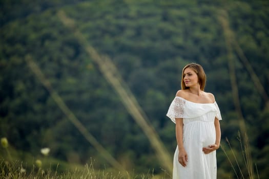 Young pregnant woman relaxing outside in nature at summer day