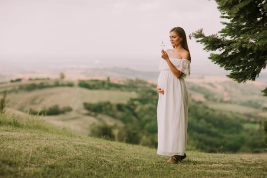 Young pregnant woman relaxing outside in nature at summer day