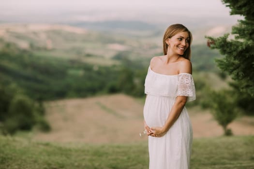 Young pregnant woman relaxing outside in nature at summer day