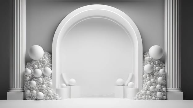 Minimalist white architectural scene with arches, spheres, and clean lines, embodying a modern and stylish aesthetic. Generated AI