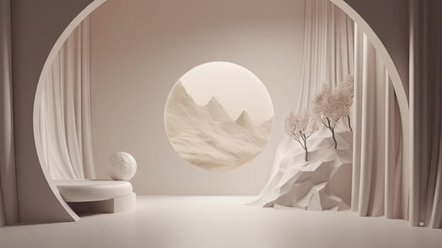 Interior with circular architecture form in 3D style. Abstract room with arc element and trees. Generated AI