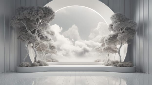 Interior with circular architecture form in 3D style. Abstract room with arc element and trees. Generated AI