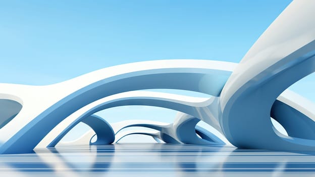 Abstract architecture scene with smooth curves. Abstract background with futuristic building in white and blue colors. Generated AI