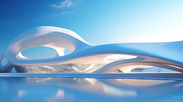 Abstract architecture scene with smooth curves. Abstract background with futuristic building in white and blue colors. Generated AI