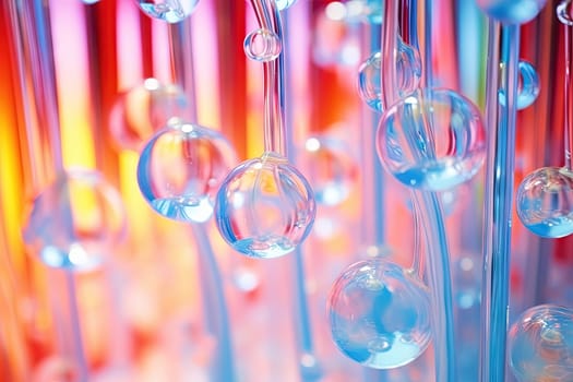 Pink holographic bubbles floating on the soft colorful abstract background in beautiful vivid tones. Generated AI