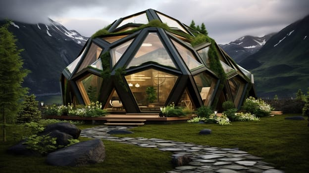 Abstract biomimetic architecture design influenced by nature and geometric forms. Sustainable building, healthy home in the forest. Generated AI