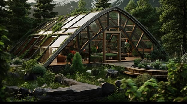 Abstract biomimetic architecture design influenced by nature and geometric forms. Sustainable building, healthy home in the forest. Generated AI