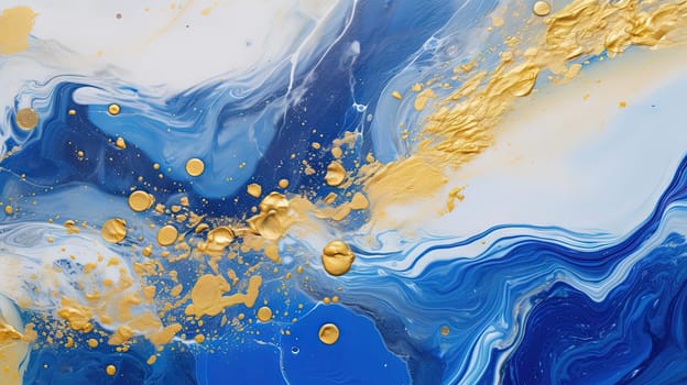 Abstract artistic background with blue marble and golden paint stains. Generated AI
