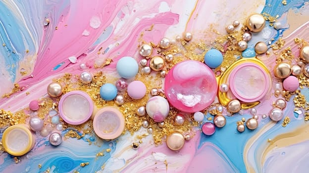Abstract artistic background with pearlescent pink marble and holographic golden paint stains. Generated AI