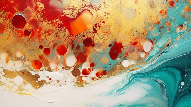 Abstract artistic background with teal and red marble with golden paint stains. Generated AI