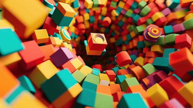 Abstract background with colorful 3D shapes scattered in geometric composition. Generated AI.