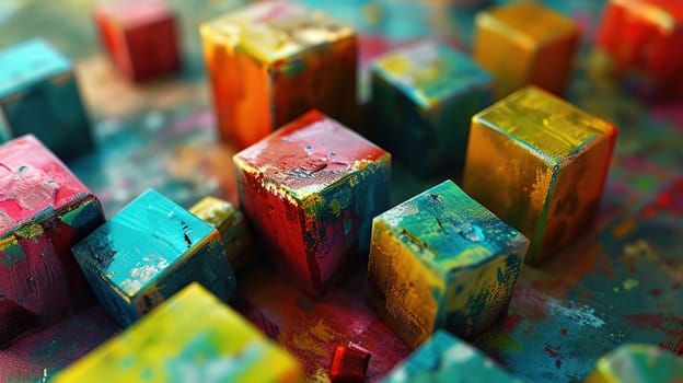 Colorful abstract composition of floating cubes and splashes of paint. Generated AI.