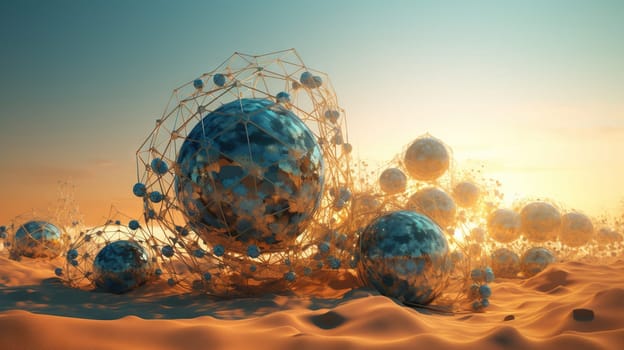 Abstract scfi-fi landscape with connected 3D balls and molecular grid structure. Futuristic surreal abstraction. Generated AI