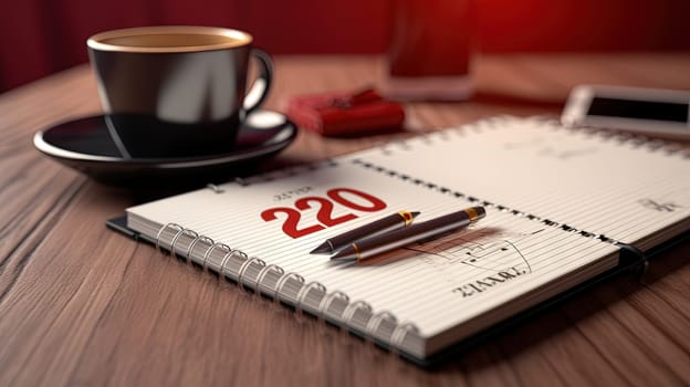Cup of coffee and notepad with pen composition, top view. Generated AI