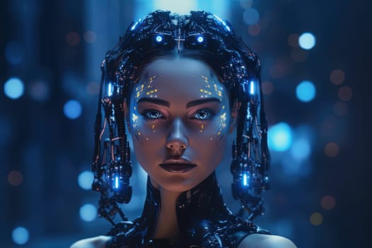 Cyborg or digitally improved human. Artificial intelligence and technology concept with advanced woman. Generated AI