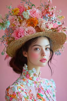 A woman with dark hair in a straw hat with flowers on a pink background. The atmosphere of spring bloom.