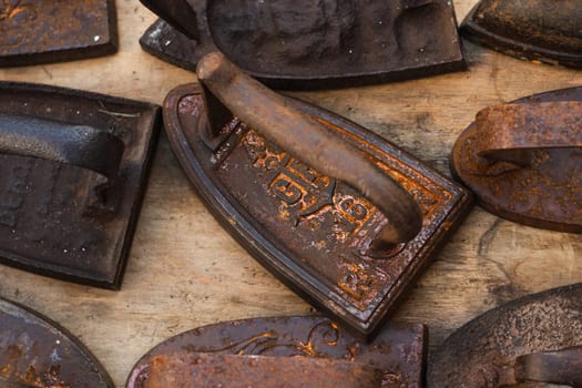 Set of rusty cast iron on a flea market