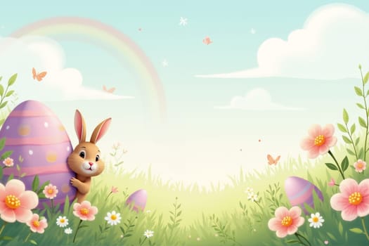 A cheerful bunny hides behind a colorful egg in a vibrant spring meadow blooming with flowers and butterflies under a clear blue sky. Generative AI.