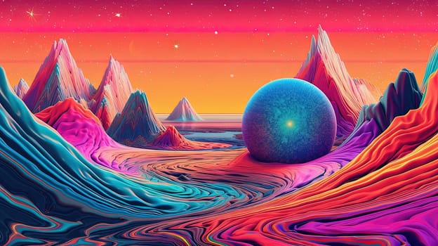 Fantasy landscape of a sci-fi planet with mountains and a road with mystic sphere. Generated AI.