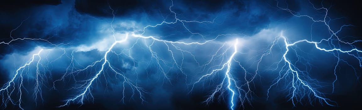 Shiny lightnings composition on the dark background. Abstract energy strike ornament in the thunderstorm. Generated AI