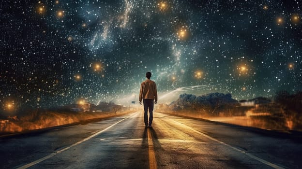 Man walking on the road to horizon. Concept of open way for business. Generated AI
