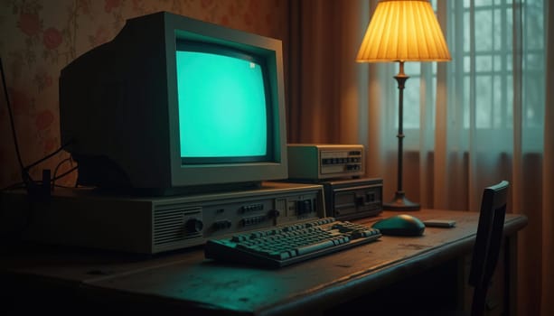 Retro computer scene with old CRT monitor, sunset view through the window, and vintage feeling. Generated AI.