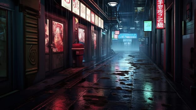 Cyberpunk street with glowing neon ads in sci-fi city. Futuristic cyberpunk street in the neighborhood. Generated AI.