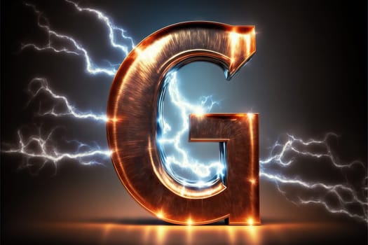 Metallic letter G with electric sparkles and lighning bolts effect. Generated AI