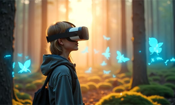 A person experiences a virtual reality adventure, surrounded by vibrant butterflies and dappled sunlight filtering through trees in a calm forest - Generative AI