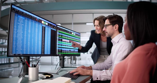 Diverse Business Team Using Spreadsheet Software for Billing Report Analysis.