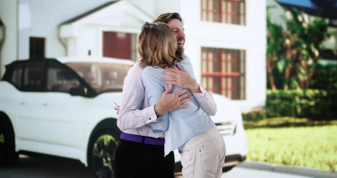 Excited newlyweds purchasing red car from diverse dealership salesman outdoors.