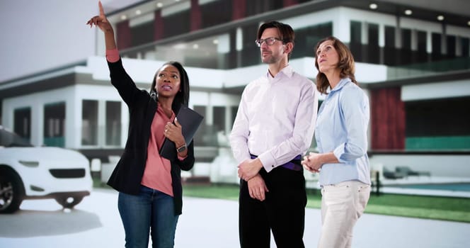 African American realtor showing young couple luxurious real estate options.