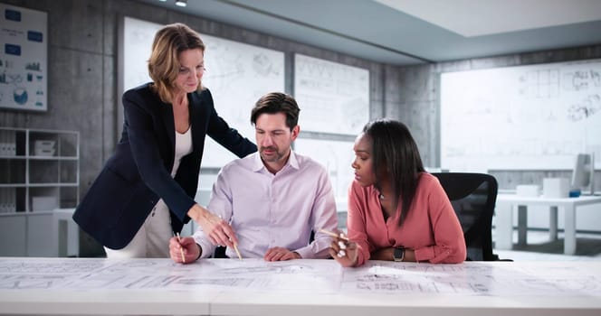 Group of Engineers Reviewing Blueprints for Industrial Machine Development Project