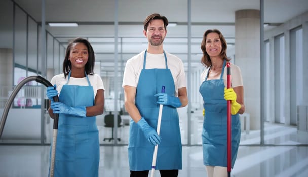 Hard-working cleaner team keeping offices spotless, client satisfaction guaranteed. Professional housekeepers.