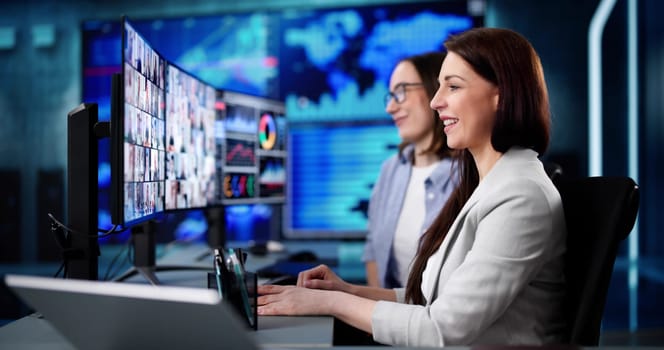 Young Caucasian woman managing virtual teams in online video conference.