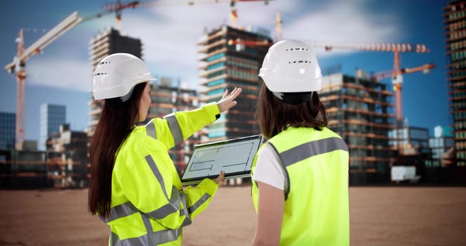 Female Construction Engineer Inspecting Site with Tablet and Clipboard, Worker, OSHA