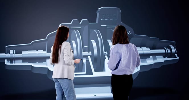 Female engineer reviews airplane design on futuristic 3D CAD screen.